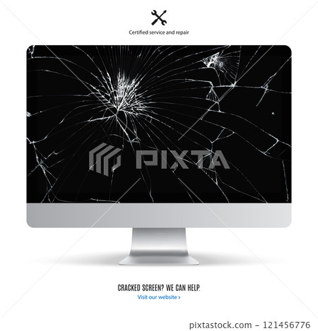 computer monitor with cracked screen for advertising repair services isolated on white background. mockup of realistic and detailed broken display with shadow. stock vector illustration computer monitor with cracked screen for advertising repair services isolated on white background. mockup of realistic and detailed broken display with shadow. stock vector illustration 121456776