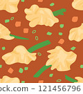 Seamless Vector Pattern of Wonton Soup Components Featuring Dumplings, Spring Onion, Carrot, and Bok Choy 121456796
