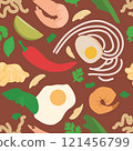 Seamless Vector Pattern of Asian Soup Components Including Noodles, Eggs, Shrimp, and More 121456799