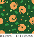 Seamless Vector Pattern Featuring Shrimp, Carrots, Spring Onion, and Fresh Herbs 121456800