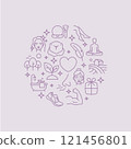 Vector Icons Arranged in a Circle Representing Self-Care Themes Including Hair Care, Fitness, Meditation, and More 121456801