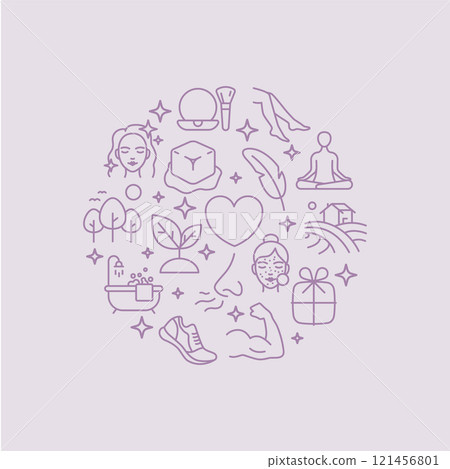 Vector Icons Arranged in a Circle Representing Self-Care Themes Including Hair Care, Fitness, Meditation, and More Vector Icons Arranged in a Circle Representing Self-Care Themes Including Hair Care, Fitness, Meditation, and More 121456801