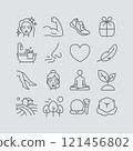 Vector Icons Representing Self-Care Themes Including Hair Care, Exercise, Meditation, and More 121456802