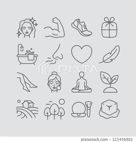 Vector Icons Representing Self-Care Themes Including Hair Care, Exercise, Meditation, and More 121456802