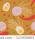 Seamless Vector Pattern of Ramen Soup Components Featuring Meat, Noodles, Eggs, Chili, Spring Onion, and Black Sesame 121456803