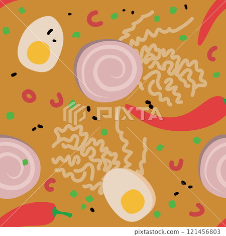 Seamless Vector Pattern of Ramen Soup Components Featuring Meat, Noodles, Eggs, Chili, Spring Onion, and Black Sesame Seamless Vector Pattern of Ramen Soup Components Featuring Meat, Noodles, Eggs, Chili, Spring Onion, and Black Sesame 121456803