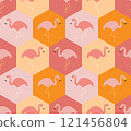 Seamless Vector Pattern of Flamingos in Hexagons with Pink and Orange Tones 121456804