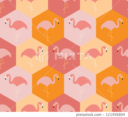 Seamless Vector Pattern of Flamingos in Hexagons with Pink and Orange Tones 121456804