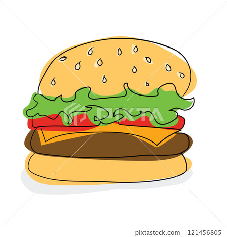 Simple Vector Illustration of a Hamburger with Sesame Bun, Lettuce, Tomato, Cheese, and Patty 121456805