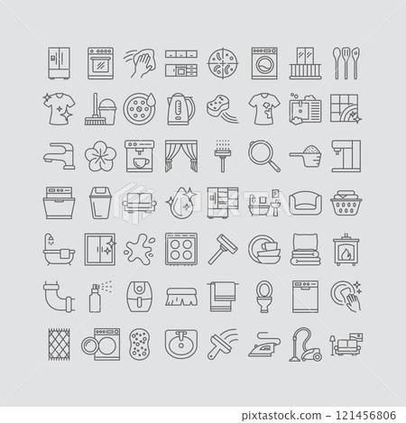 Vector Icons Representing Household and Cleaning Items Including Washer, Fridge, Bathroom, and More 121456806