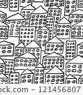 Seamless Vector Pattern of Simple Houses with Many Windows in Black and White 121456807