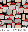 Seamless Vector Pattern of Simple Houses with Red Roofs and Gray Tones on Black Background 121456808