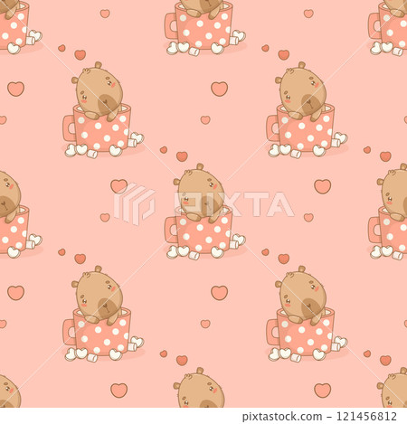 Seamless romantic pattern. Cute enamored capybara in polka dot cup with marshmallows on pink background with hearts. Vector illustration. Ornament template valentine with animal character. Seamless romantic pattern. Cute enamored capybara in polka dot cup with marshmallows on pink background with hearts. Vector illustration. Ornament template valentine with animal character. 121456812