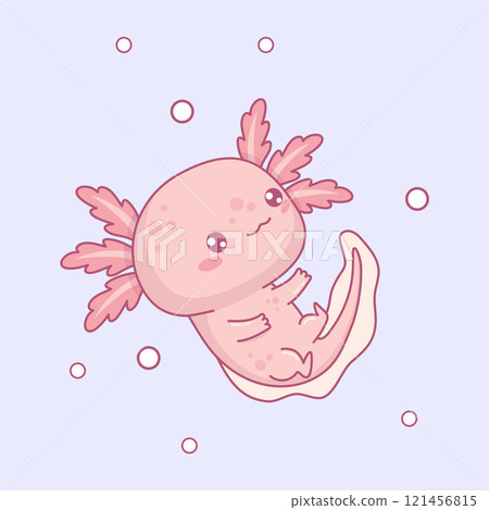 Cute pink Axolotl. Little cartoon kawaii character mascot. Vector illustration. Can be used for t-shirt print, sticker, greeting card design. Kids collection Cute pink Axolotl. Little cartoon kawaii character mascot. Vector illustration. Can be used for t-shirt print, sticker, greeting card design. Kids collection 121456815