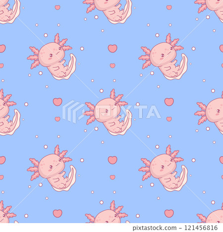 Seamless pattern with cute Axolotl on blue background. Funny Little cartoon kawaii character. Vector illustration . 121456816