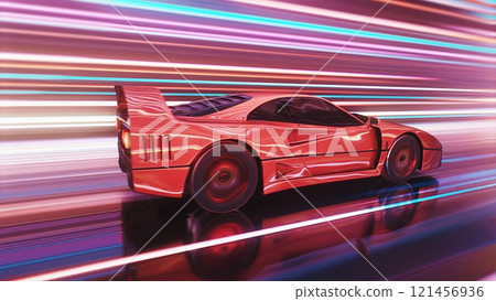 A Futuristic Red Racing Car in Motion with Colorful Light Trails Creating an Exciting Scene 121456936