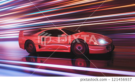 A Dynamic Sports Car Captured in Urban Speed Motion Amidst the Cityscape At Night 121456937