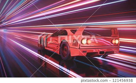 Futuristic car dynamically moving through space, leaving behind vibrant and colorful light trails 121456938