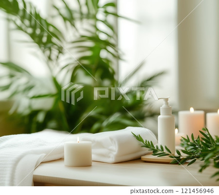 Spa composition with burning candle, soft towel, and body lotion creating a relaxing atmosphere 121456946