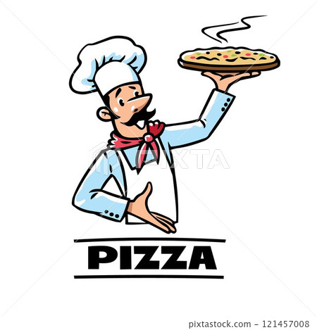 Funny chef with pizza. Emblem or logo design 121457008