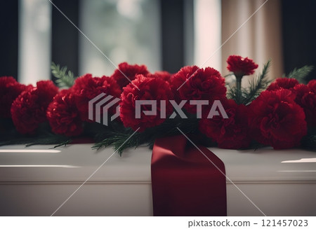 A close-up of a funeral banner with an elegant arrangement of deep red carnations and a flowing black ribbon, set against a soft-focus background of muted colors to convey a respectful atmosphere A close-up of a funeral banner with an elegant arrangement of deep red carnations and a flowing black ribbon, set against a soft-focus background of muted colors to convey a respectful atmosphere 121457023