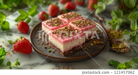 Delicious strawberry pistachio dessert bars sitting on marble countertop 121457062