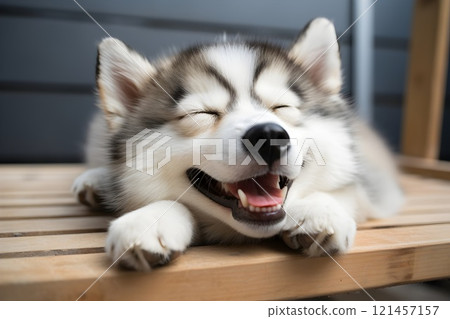 A tired dog lies on a white background, yawning widely. The scene conveys calm and serenity. 121457157