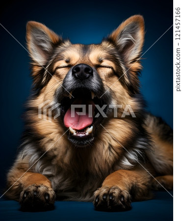 A tired dog lies on a white background, yawning widely. The scene conveys calm and serenity. 121457166