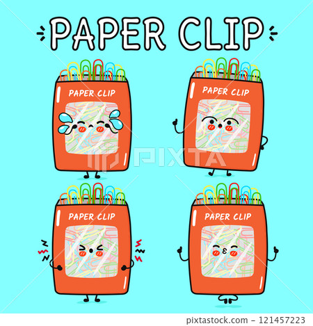 Funny cute happy Paper clip characters bundle set. Vector hand drawn doodle style cartoon character illustration. Isolated on blue background. Paper clip mascot character collection 121457223