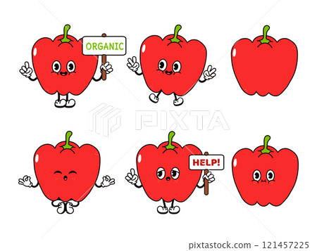 Funny cute Bell pepper characters bundle set. Vector hand drawn doodle style traditional cartoon vintage, retro character illustration design. Isolated white background. Happy Bell pepper 121457225