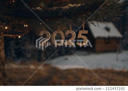Close up view of the decorated Christmas tree with the numbers 2025 hanging on it. Happy New Year 121457282