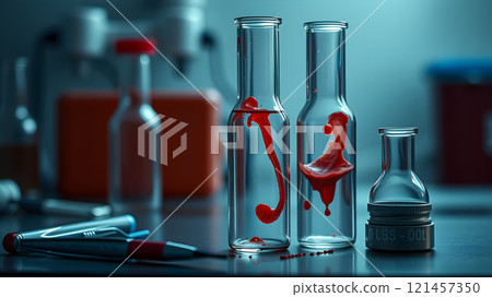 laboratory equipment, lots of glass filled 121457350