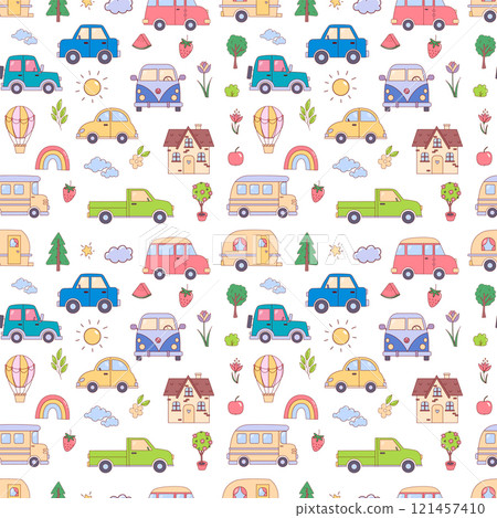 Seamless pattern with cute baby's cars and another different elements. Childish background 121457410
