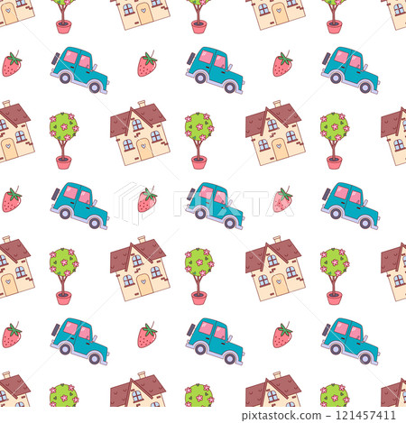 Cute Cars and Sweet Homes Seamless Pattern, Childish background Cute Cars and Sweet Homes Seamless Pattern, Childish background 121457411