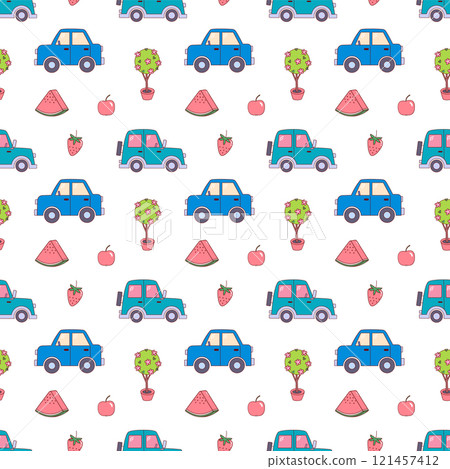Cartoon cars background for boys. Transport pattern for design of children's textile products, fabric print, baby clothes. Nursery seamless pattern Cartoon cars background for boys. Transport pattern for design of children's textile products, fabric print, baby clothes. Nursery seamless pattern 121457412