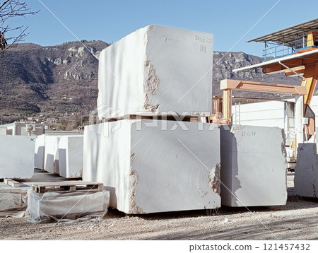 white marble blocks outside a factory white marble blocks outside a factory 121457432