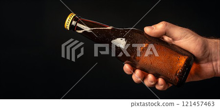 Hand holding cold beer bottle, black background with copy space 121457463