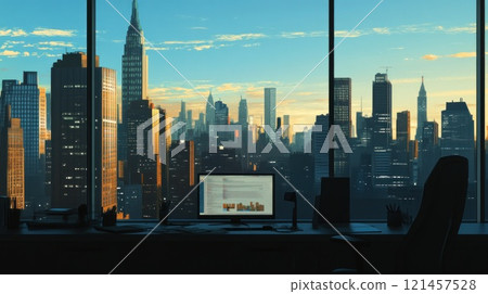 Sunrise cityscape view from modern office desk. 121457528