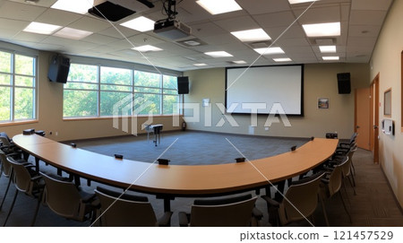 Modern conference room with large windows, projector, screen, and curved table. 121457529