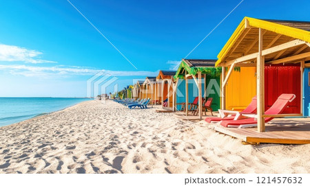Colorful beach huts line a pristine, sandy shore under a vibrant blue sky. Colorful beach huts line a pristine, sandy shore under a vibrant blue sky. 121457632