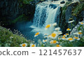 Serene waterfall cascading into a pool, framed by vibrant wildflowers. 121457637