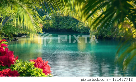 Serene turquoise lagoon viewed through lush tropical foliage, vibrant red flowers in foreground. Serene turquoise lagoon viewed through lush tropical foliage, vibrant red flowers in foreground. 121457718