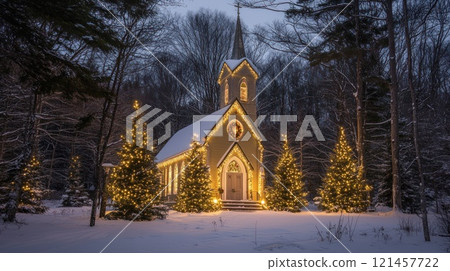 A snow-covered chapel in a winter forest, illuminated with Christmas lights on trees. 121457722
