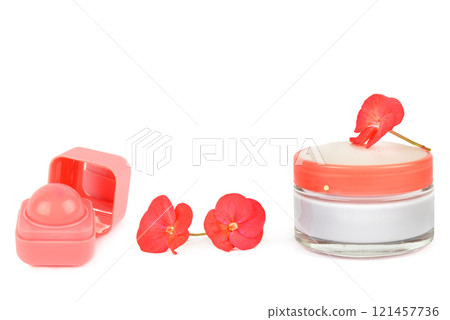 Face skin care cream and Rose lip oil or lip gloss isolated on white background. 121457736