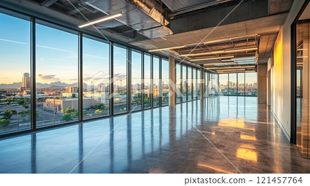 Modern empty office space with panoramic city view at sunset. 121457764