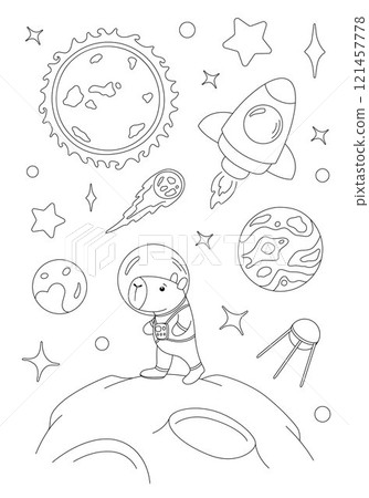 Coloring page with capybara astronaut and rocket 121457778