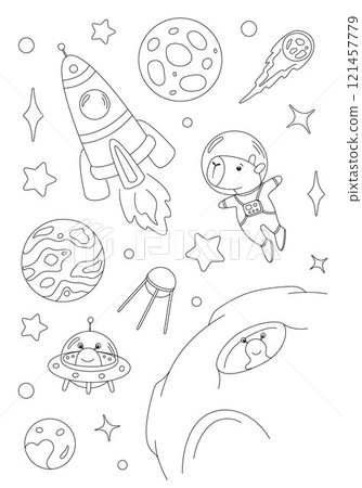 Coloring page with capybara astronaut and alien 121457779