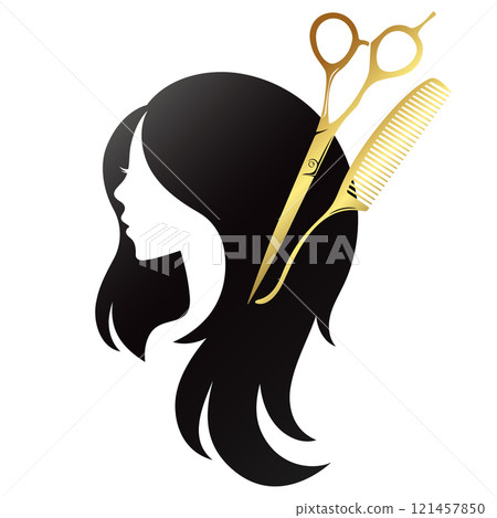 Silhouette of a girl with curls of hair, scissors and comb Silhouette of a girl with curls of hair, scissors and comb 121457850