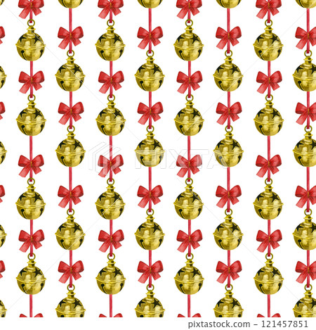Golden Christmas bells with red bows on a light background, seamless watercolor pattern. All objects are hand painted with watercolors. Suitable for printing on product packaging, gift paper 121457851