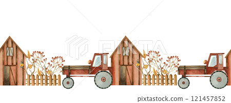 Seamless border. Farm with a fence, tractor, plants and trees. All objects are hand-drawn with watercolors. Seamless watercolor border. Suitable for printing on fabric, paper, for children's books. 121457852